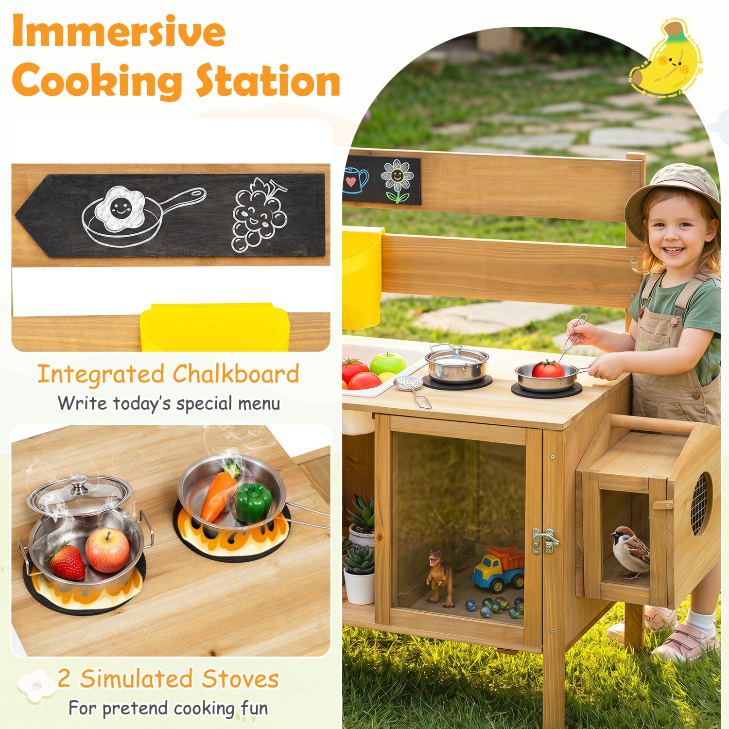 Mud Kitchen for Kids with Detachable Bird Cage and Stoves, Natural Play Kitchen Sets at Gallery Canada