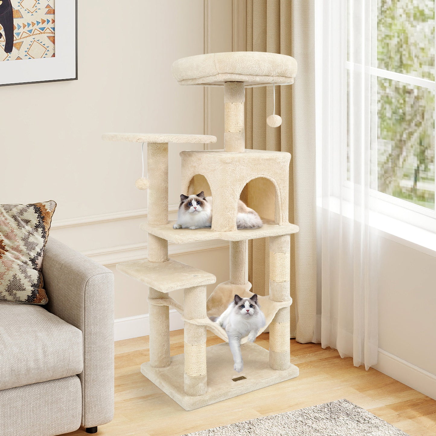 Multi-Level Cat Tower with 2-Door Condo and Padded Top Perch, Beige Cat Trees Condos & Scratchers at Gallery Canada