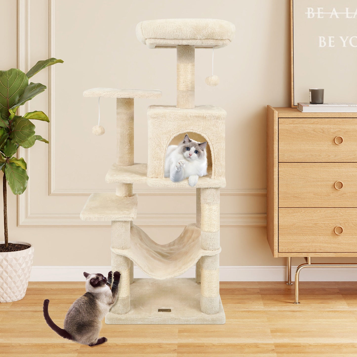 Multi-Level Cat Tower with 2-Door Condo and Padded Top Perch, Beige Cat Trees Condos & Scratchers at Gallery Canada
