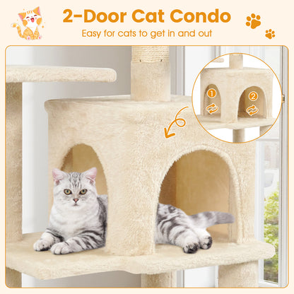Multi-Level Cat Tower with 2-Door Condo and Padded Top Perch, Beige Cat Trees Condos & Scratchers at Gallery Canada