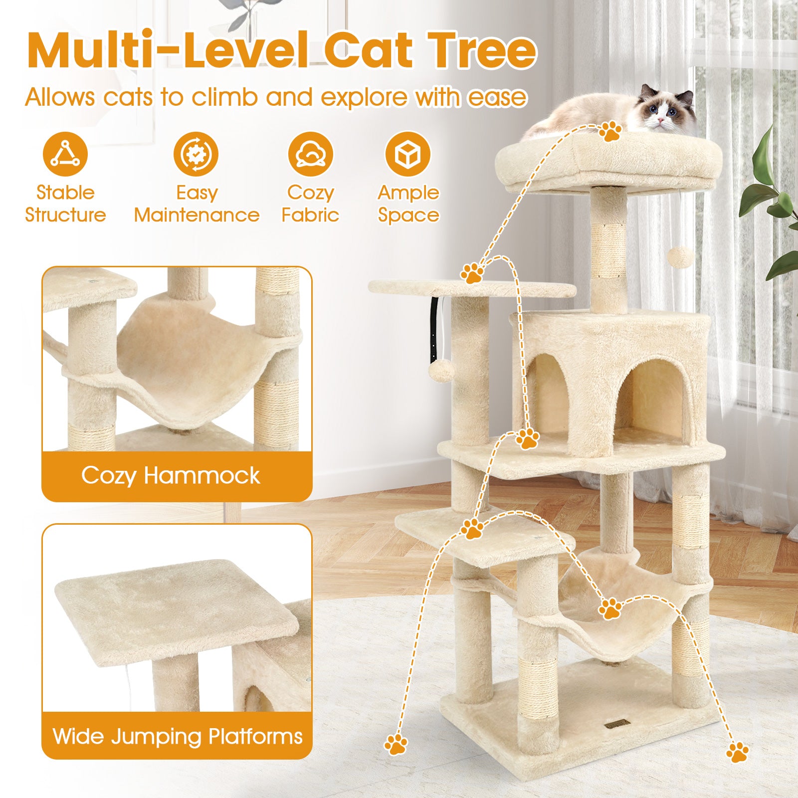 Multi-Level Cat Tower with 2-Door Condo and Padded Top Perch, Beige Cat Trees Condos & Scratchers at Gallery Canada
