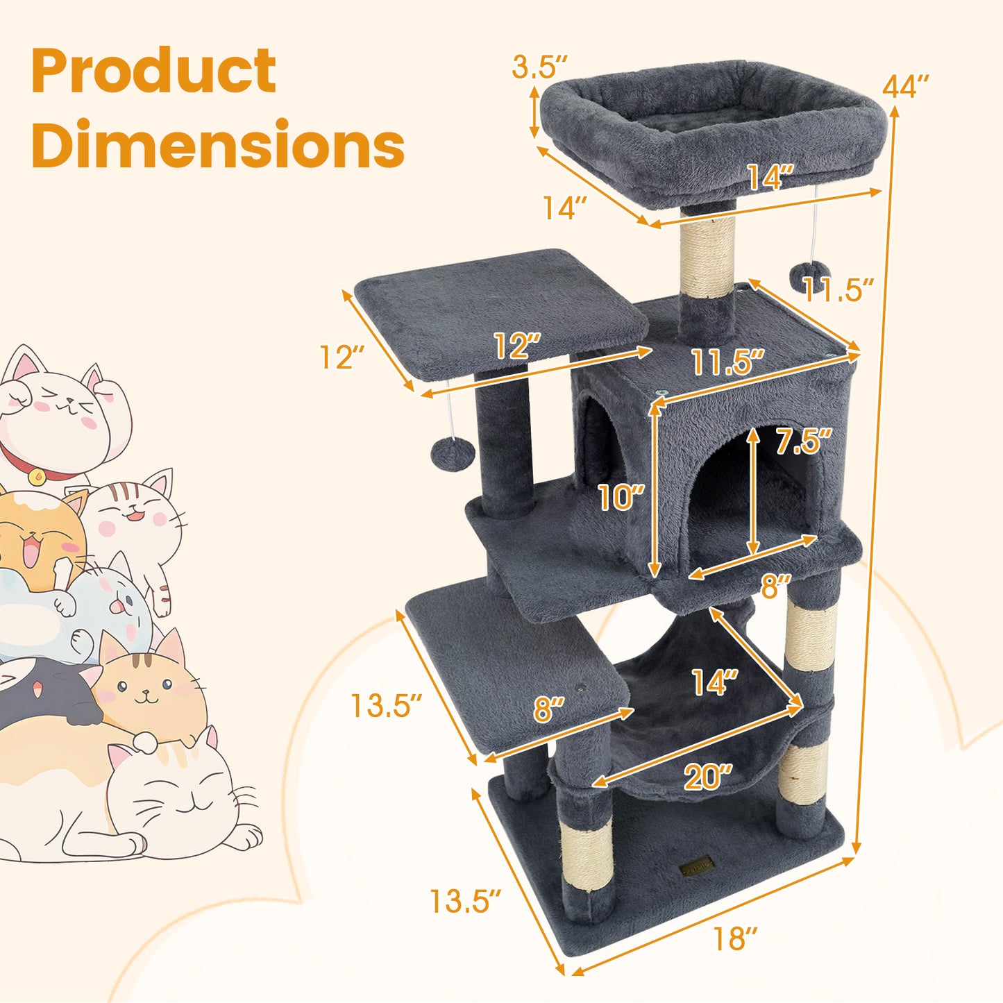 Multi-Level Cat Tower with 2-Door Condo and Padded Top Perch, Gray Cat Trees Condos & Scratchers at Gallery Canada
