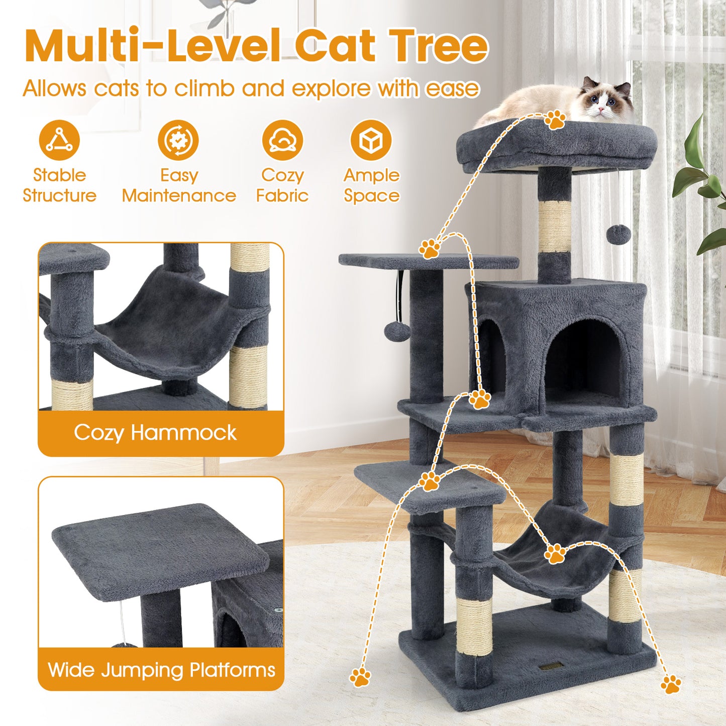 Multi-Level Cat Tower with 2-Door Condo and Padded Top Perch, Gray Cat Trees Condos & Scratchers at Gallery Canada