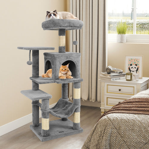 Multi-Level Cat Tower with 2-Door Condo and Padded Top Perch, Light Gray
