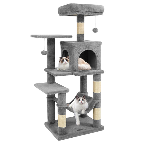 Multi-Level Cat Tower with 2-Door Condo and Padded Top Perch, Light Gray