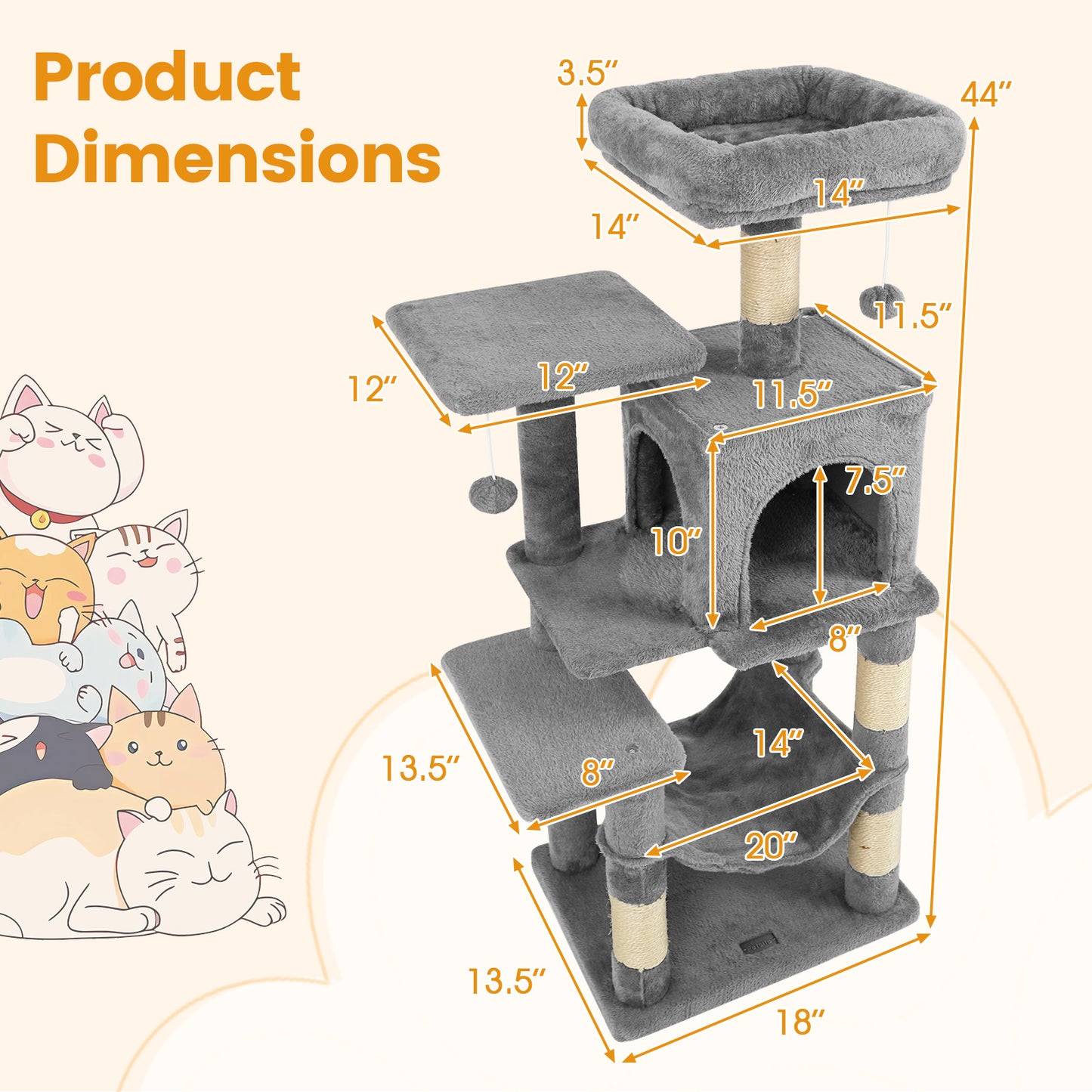 Multi-Level Cat Tower with 2-Door Condo and Padded Top Perch, Light Gray Cat Trees Condos & Scratchers at Gallery Canada