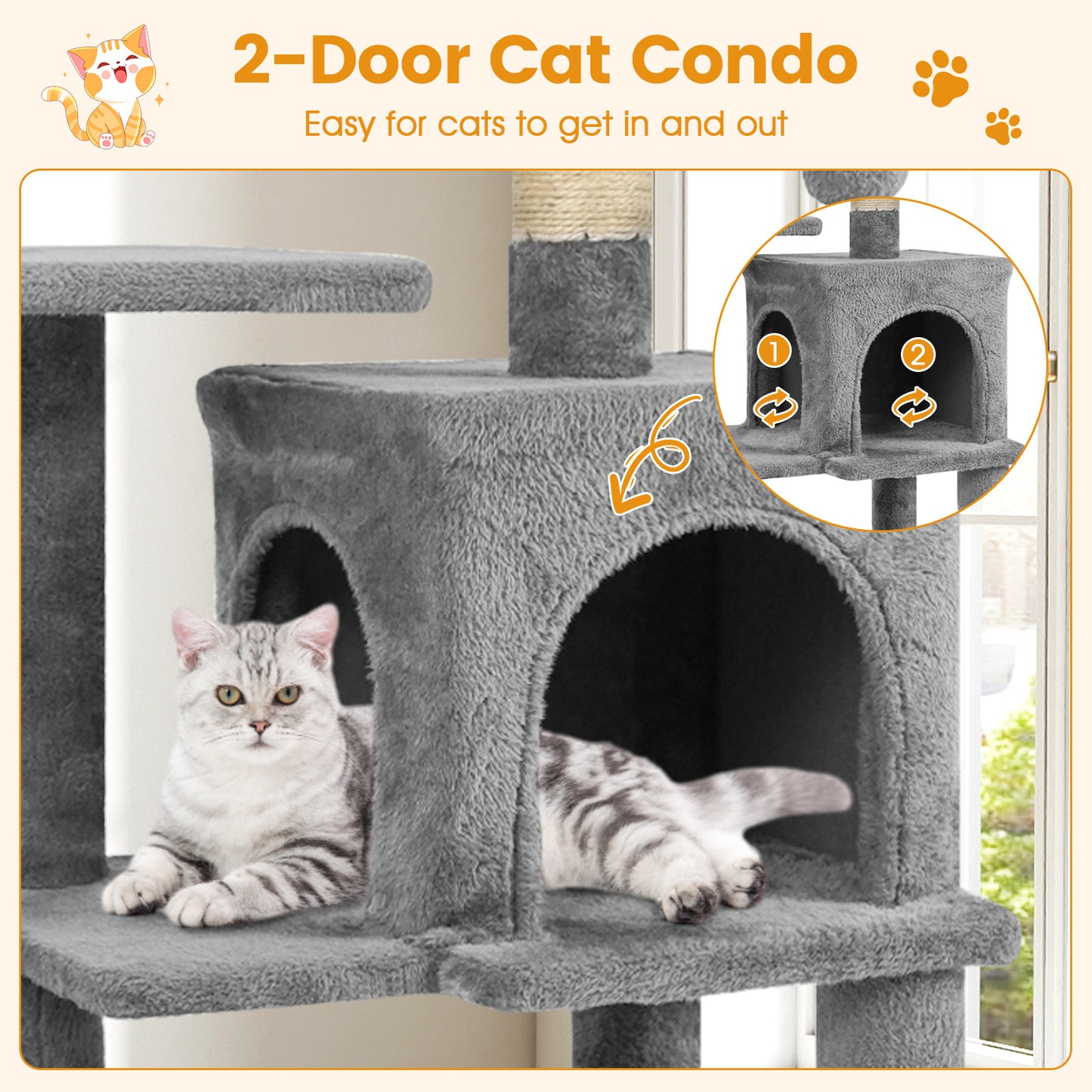 Multi-Level Cat Tower with 2-Door Condo and Padded Top Perch, Light Gray Cat Trees Condos & Scratchers at Gallery Canada