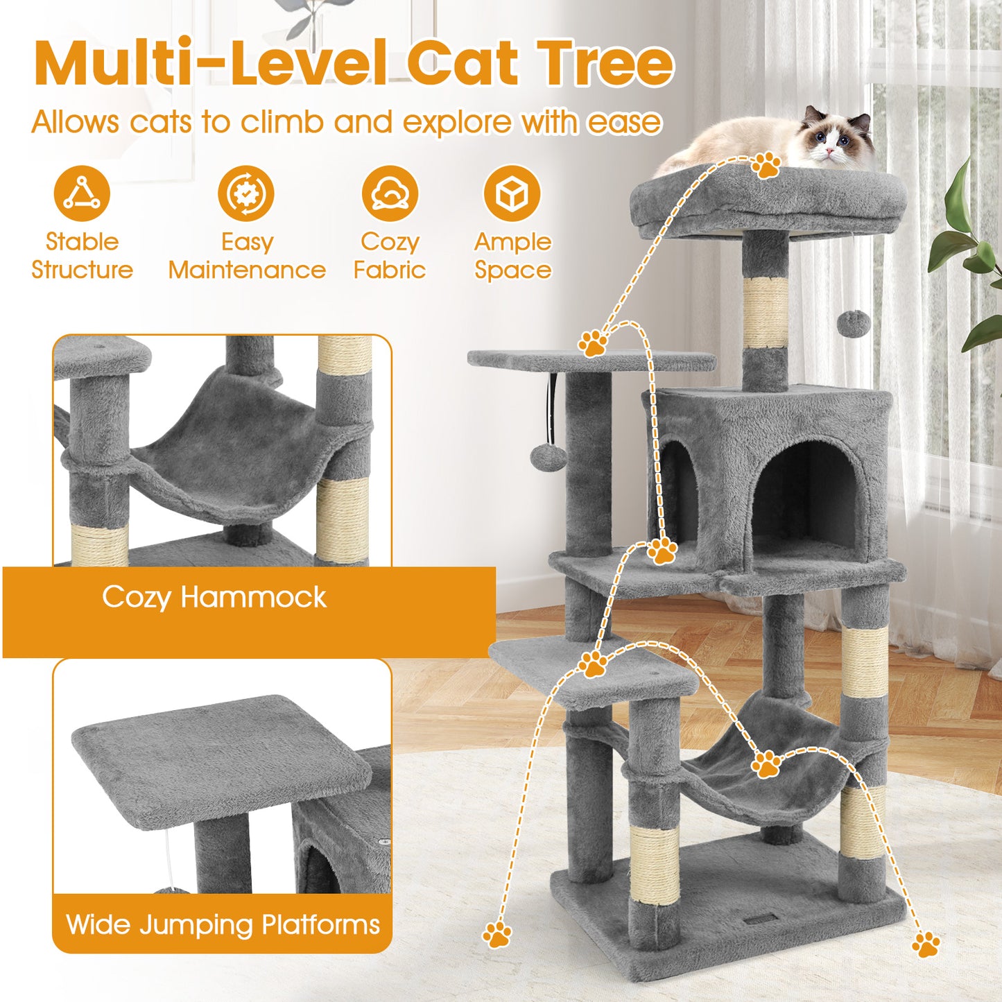 Multi-Level Cat Tower with 2-Door Condo and Padded Top Perch, Light Gray Cat Trees Condos & Scratchers at Gallery Canada