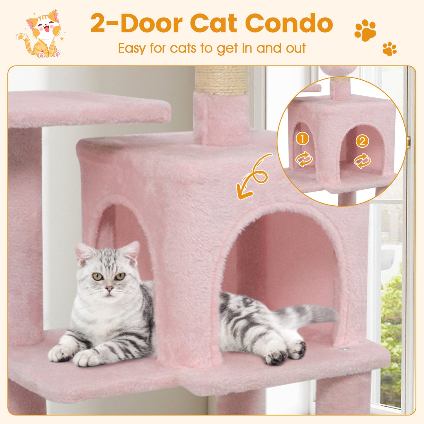 Multi-Level Cat Tower with 2-Door Condo and Padded Top Perch, Pink Cat Trees Condos & Scratchers at Gallery Canada