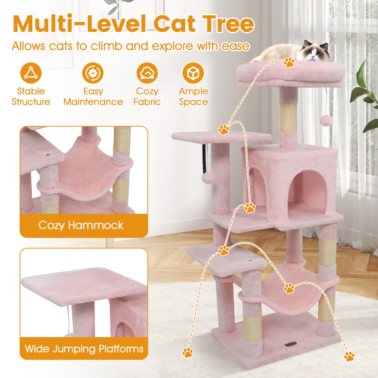 Multi-Level Cat Tower with 2-Door Condo and Padded Top Perch, Pink Cat Trees Condos & Scratchers at Gallery Canada