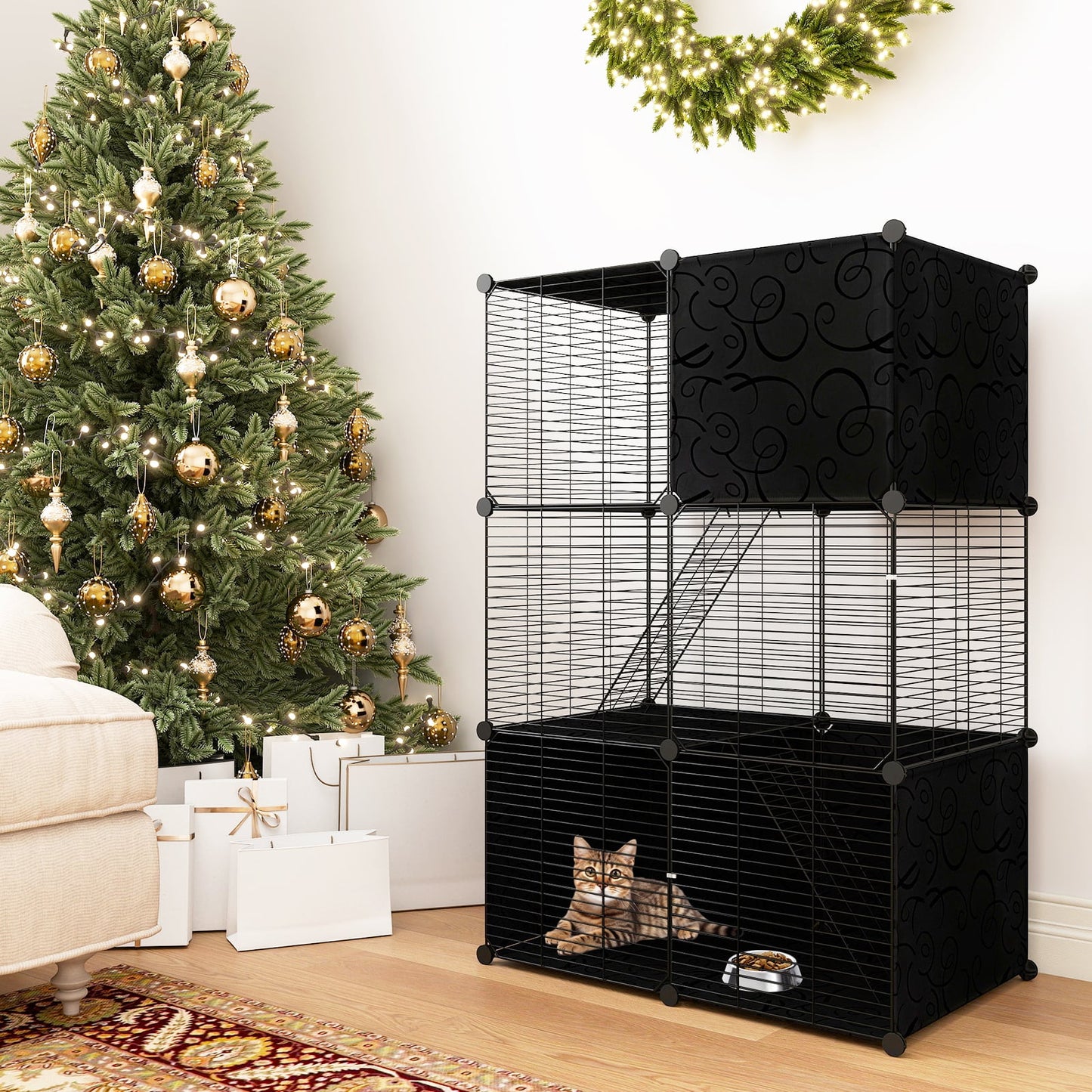 Multi-Level Cat Tower with 2-Door Condo and Hammock, Black