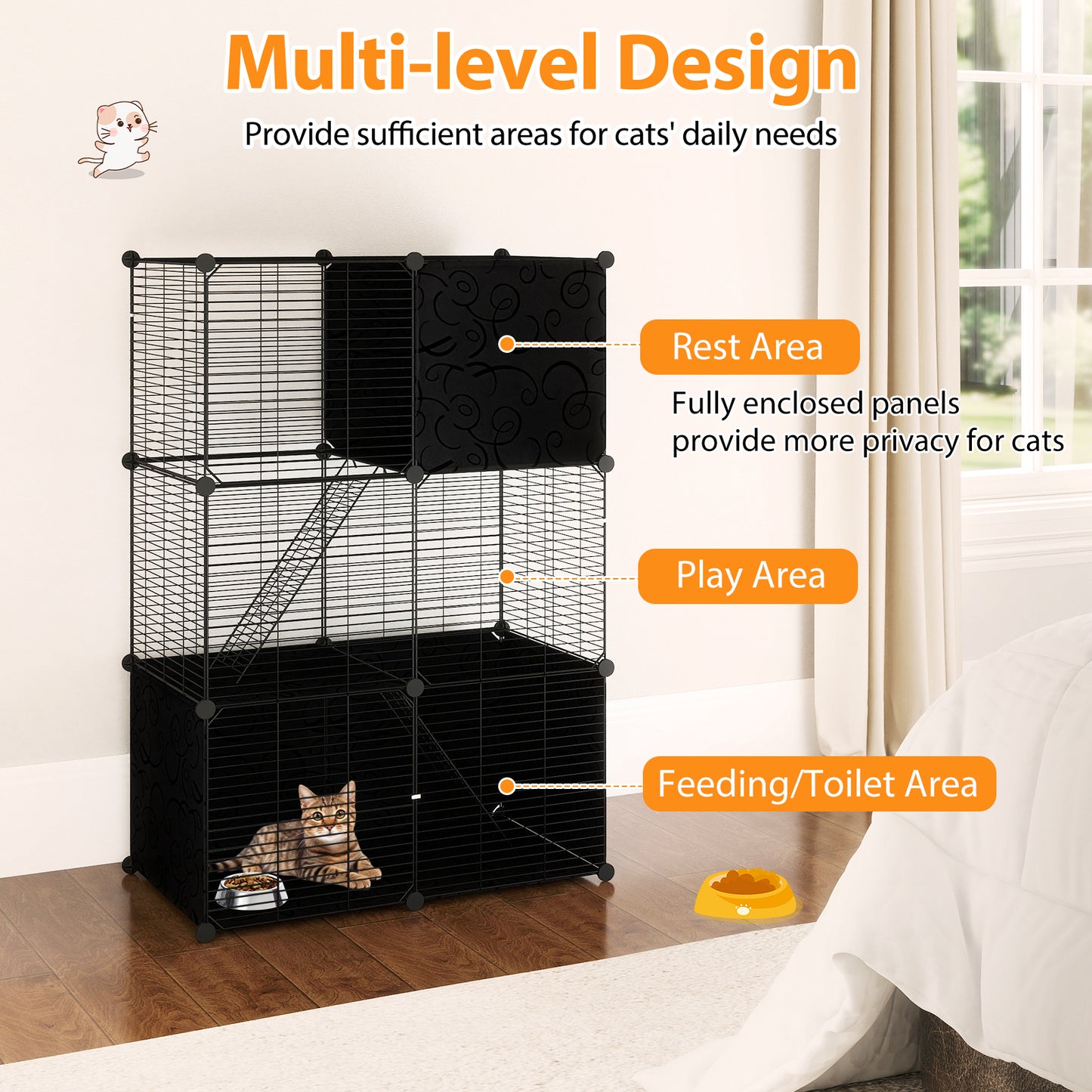 Multi-Level Cat Tower with 2-Door Condo and Hammock, Black