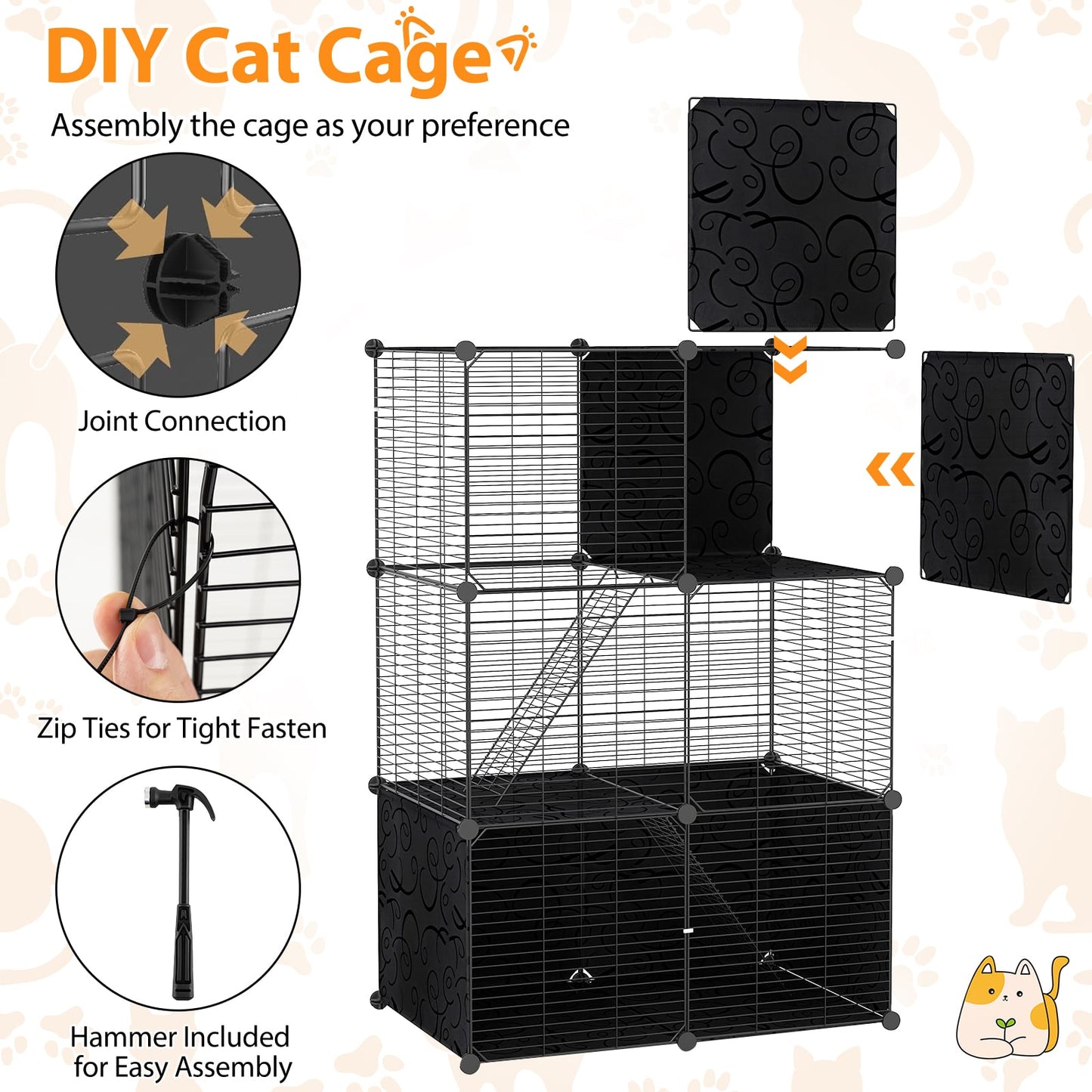 Multi-Level Cat Tower with 2-Door Condo and Hammock, Black