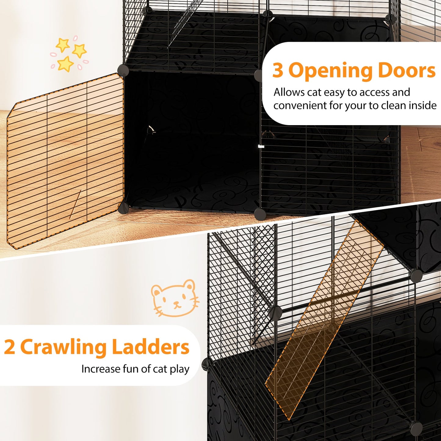 Multi-Level Cat Tower with 2-Door Condo and Hammock, Black