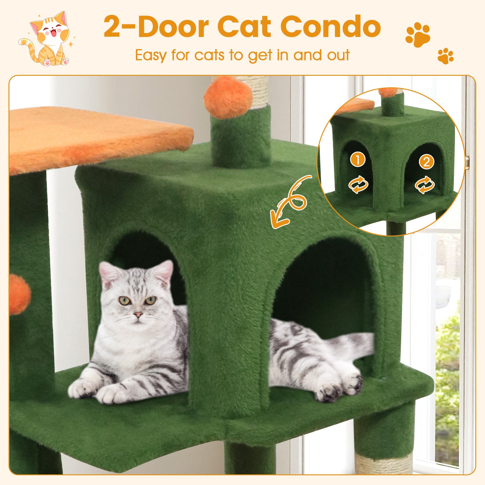 Multi-Level Cat Tower, 2-Door Condo, Padded Top Perch, Green Cat Trees Condos & Scratchers at Gallery Canada