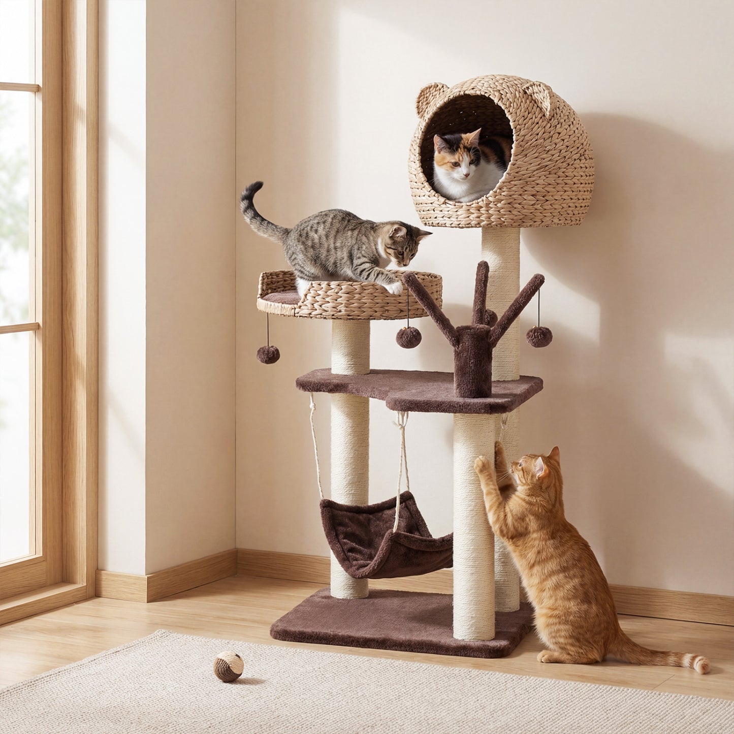 Multi-Level Cat Tree With Condo, Hammock, Rotatable Balls, Brown Cat Trees Condos & Scratchers at Gallery Canada