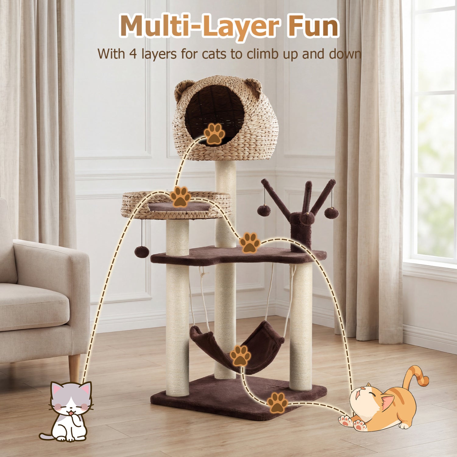 Multi-Level Cat Tree With Condo, Hammock, Rotatable Balls, Brown Cat Trees Condos & Scratchers at Gallery Canada