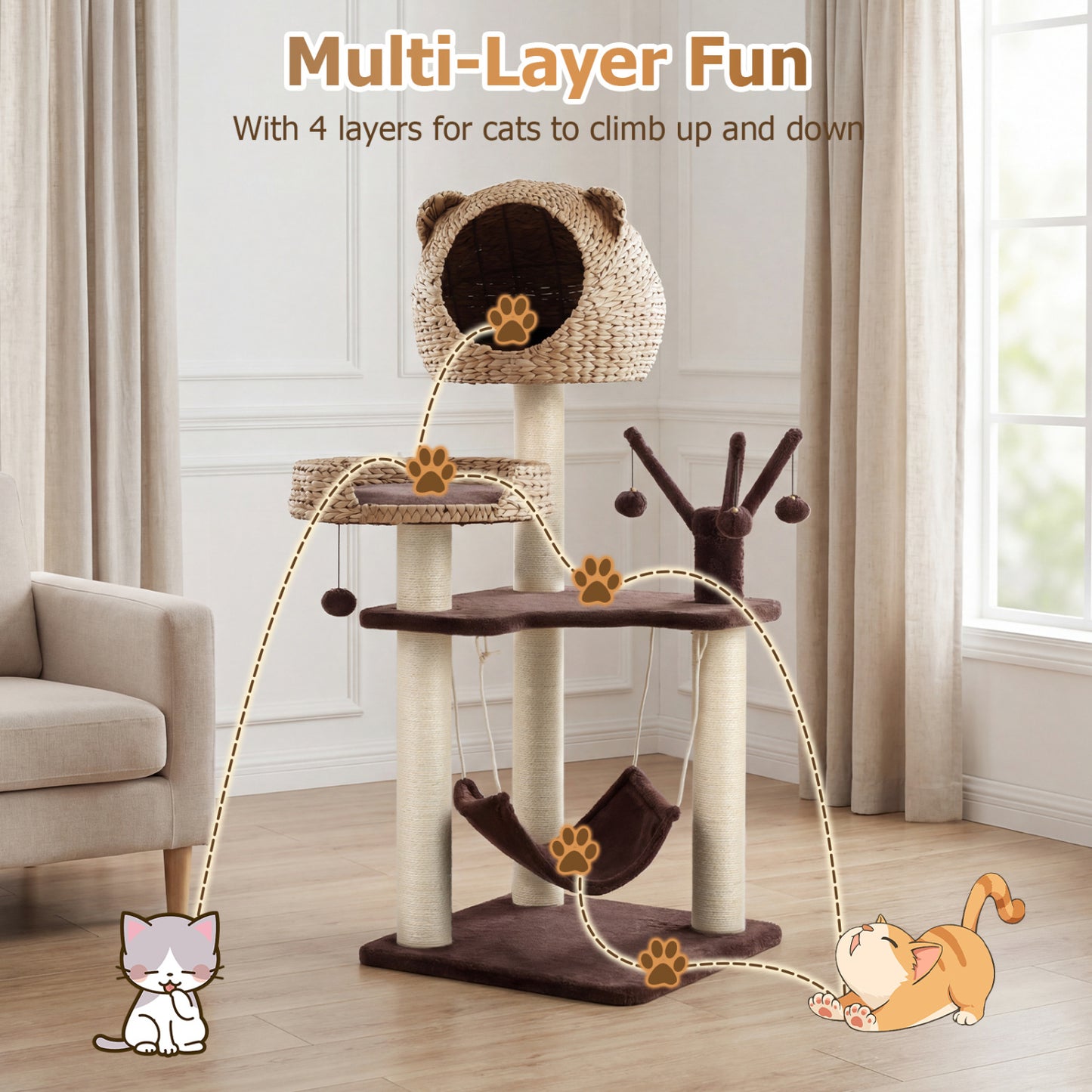 Multi-Level Cat Tree With Condo, Hammock, Rotatable Balls, Brown Cat Trees Condos & Scratchers at Gallery Canada