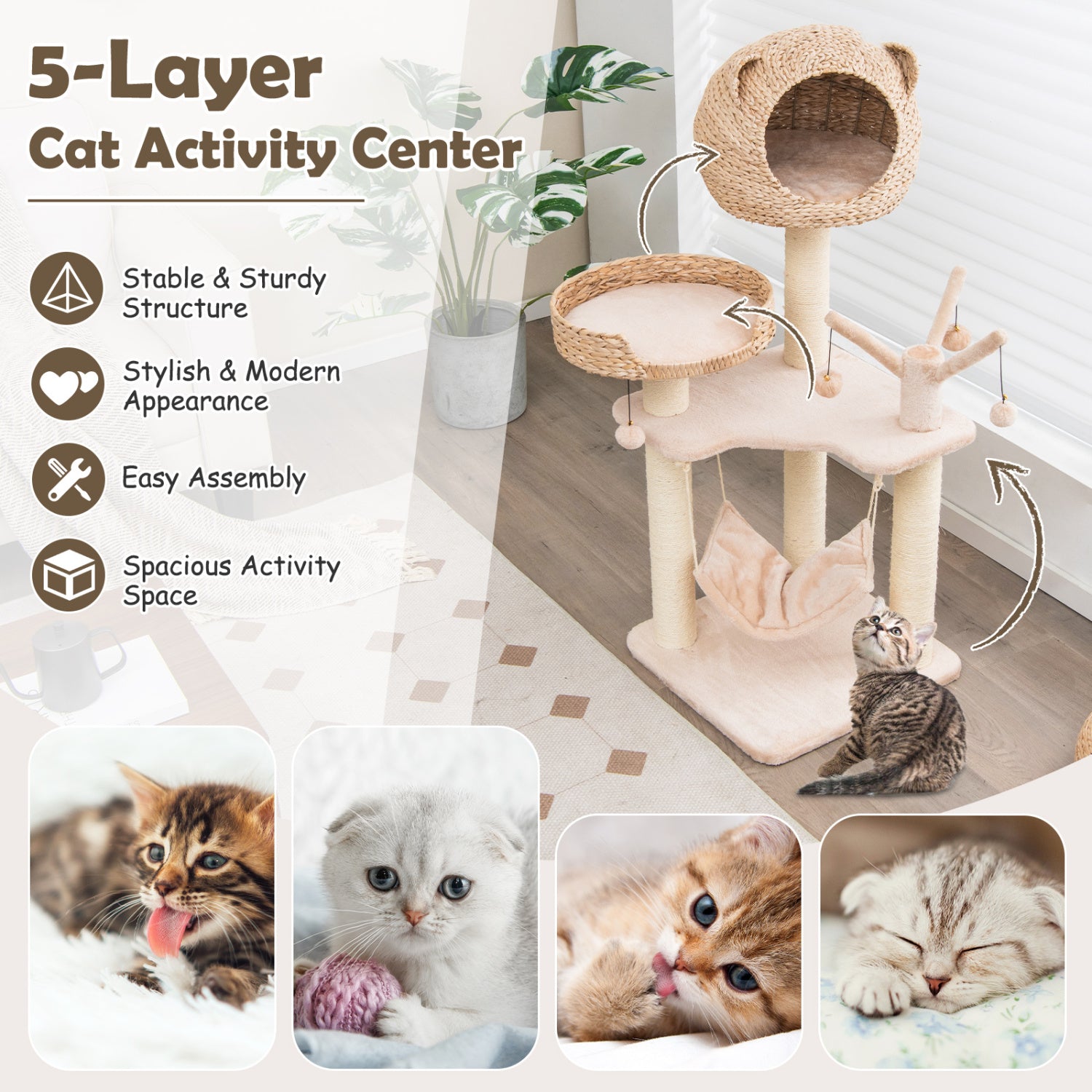 Multi-Level Cat Tree With Condo Hammock, Rotatable Hanging Balls, Natural Cat Trees Condos & Scratchers at Gallery Canada
