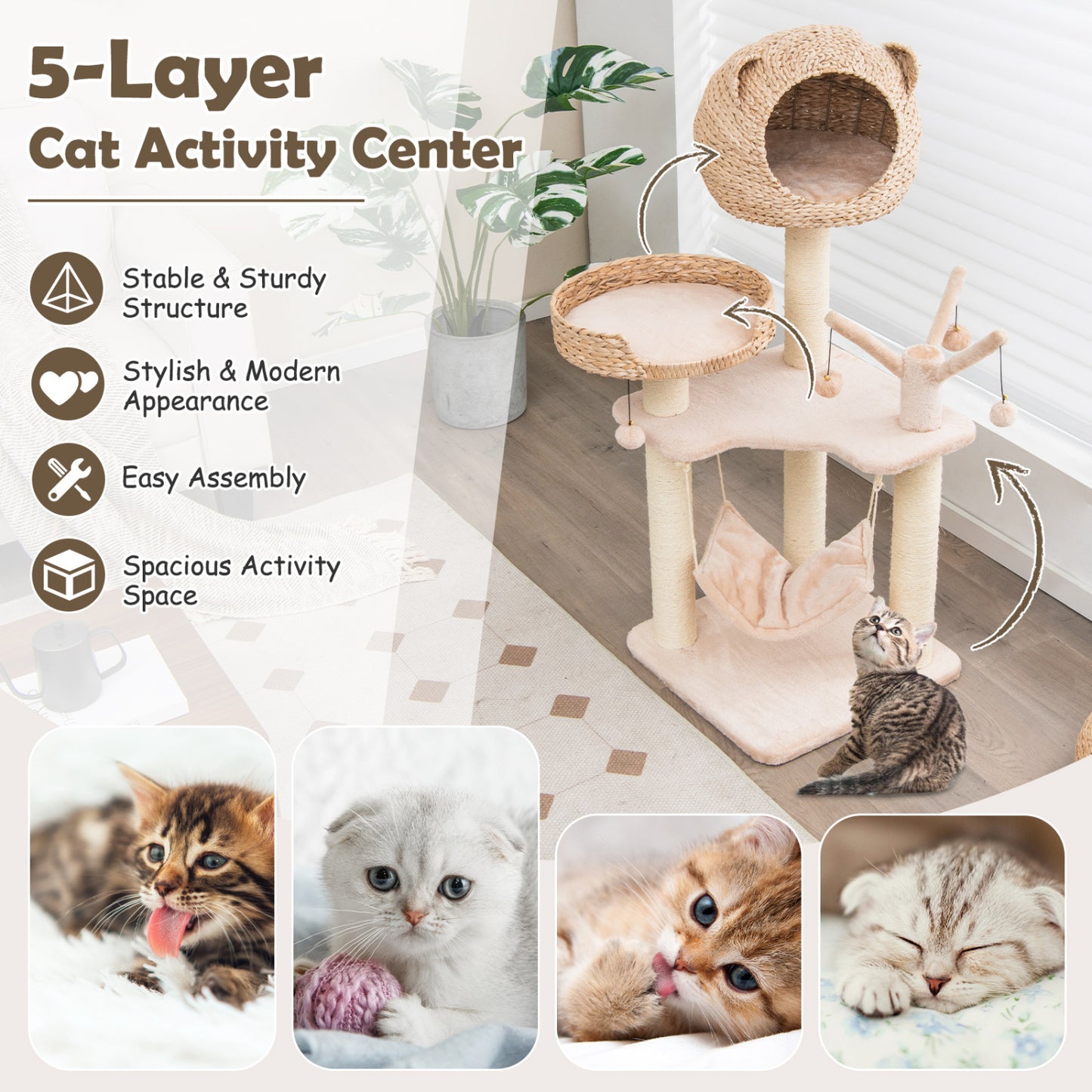 Multi-Level Cat Tree With Condo Hammock, Rotatable Hanging Balls, Natural Cat Trees Condos & Scratchers at Gallery Canada
