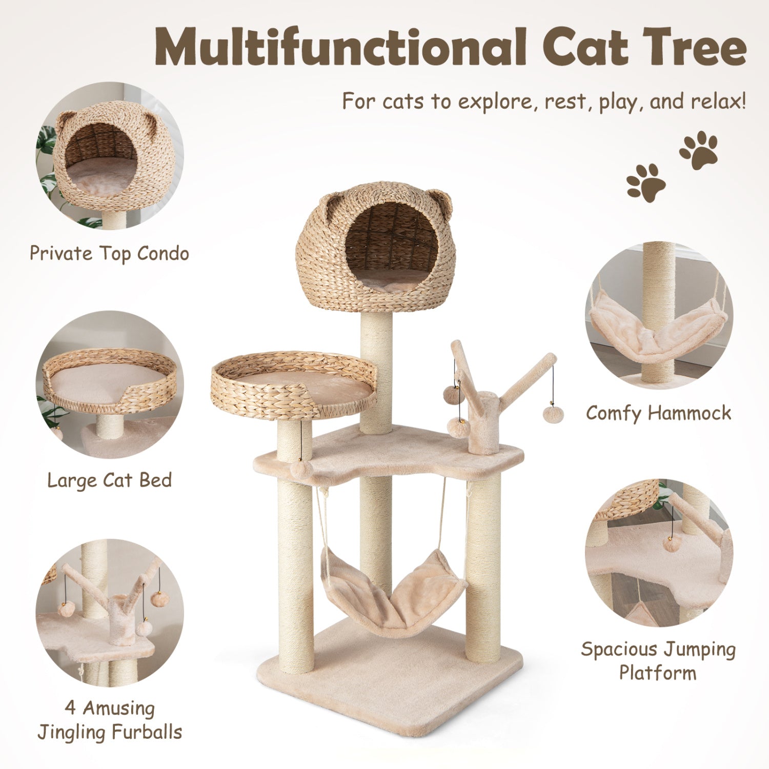 Multi-Level Cat Tree With Condo Hammock, Rotatable Hanging Balls, Natural Cat Trees Condos & Scratchers at Gallery Canada