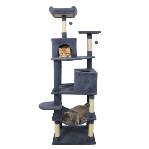 Multi-level Cat Tree Modern Cat Tower with Upholstered Perch and 2 Cat Condo, Dark Gray