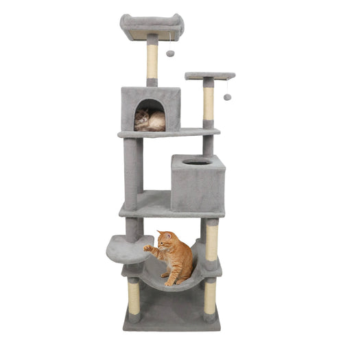 Multi-level Cat Tree Modern Cat Tower with Upholstered Perch and 2 Cat Condo, Gray