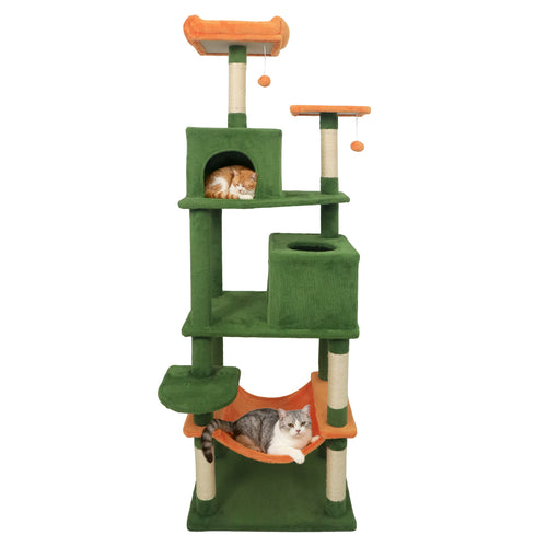 Multi-level Cat Tree Modern Cat Tower with Upholstered Perch and 2 Cat Condo, Green