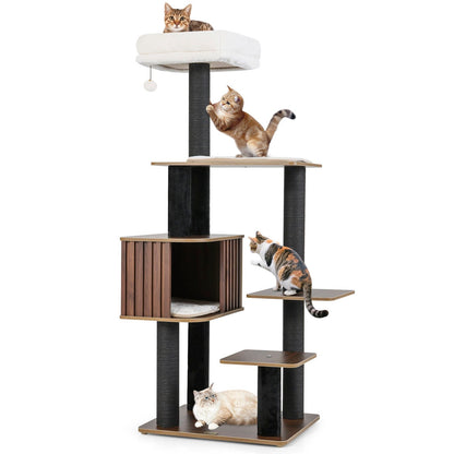 Multi-level Cat Tree for Indoor Cat 59.5 inch Tall Cat Tower with Cushion Top Perch, Brown Cat Trees Condos & Scratchers at Gallery Canada
