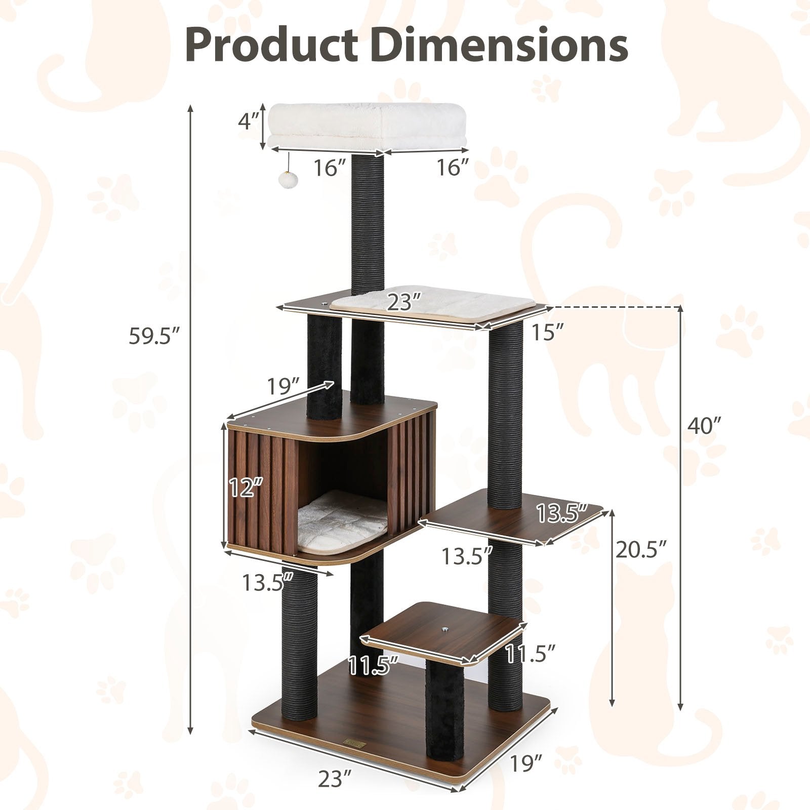 Multi-level Cat Tree for Indoor Cat 59.5 inch Tall Cat Tower with Cushion Top Perch, Brown Cat Trees Condos & Scratchers at Gallery Canada