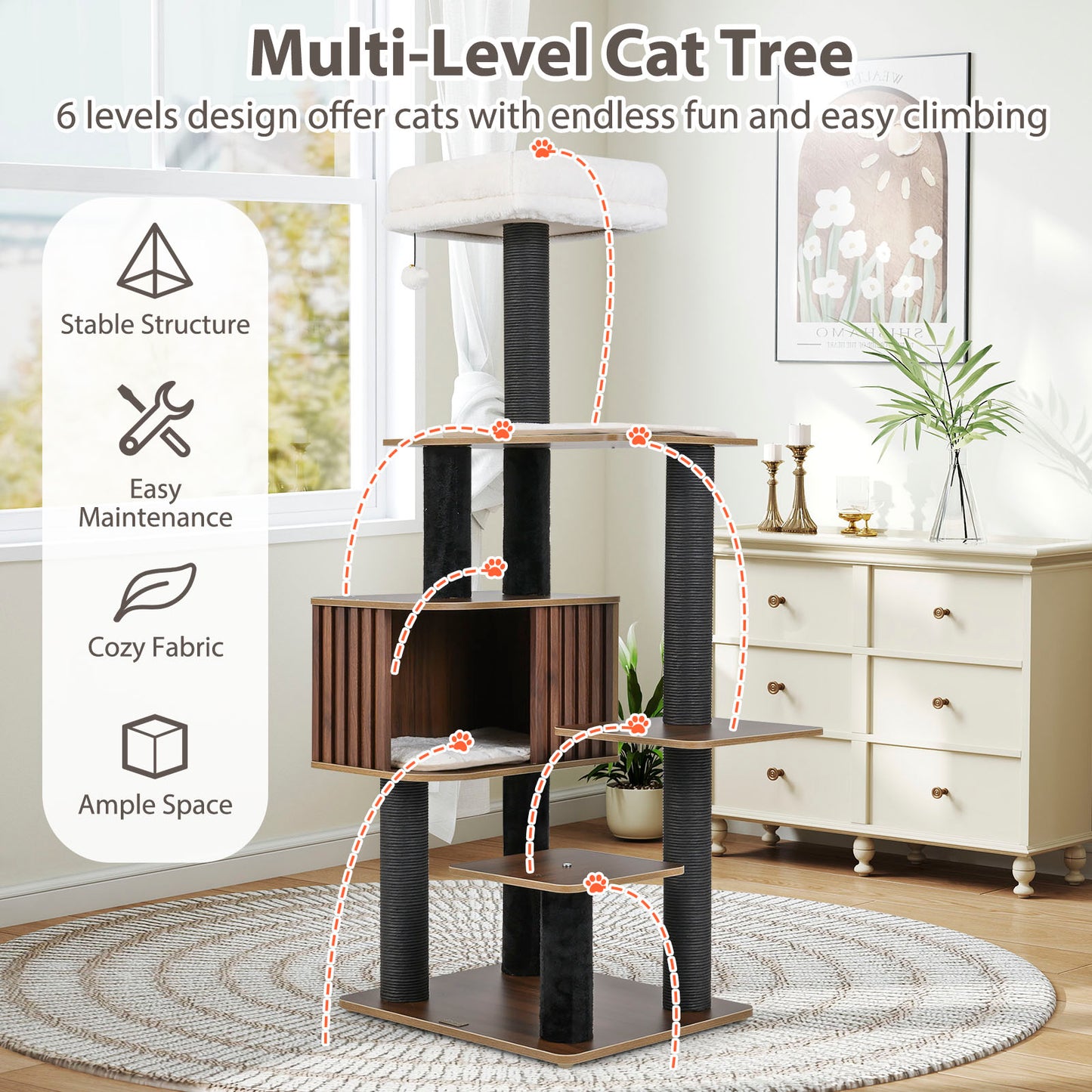 Multi-level Cat Tree for Indoor Cat 59.5 inch Tall Cat Tower with Cushion Top Perch, Brown Cat Trees Condos & Scratchers at Gallery Canada