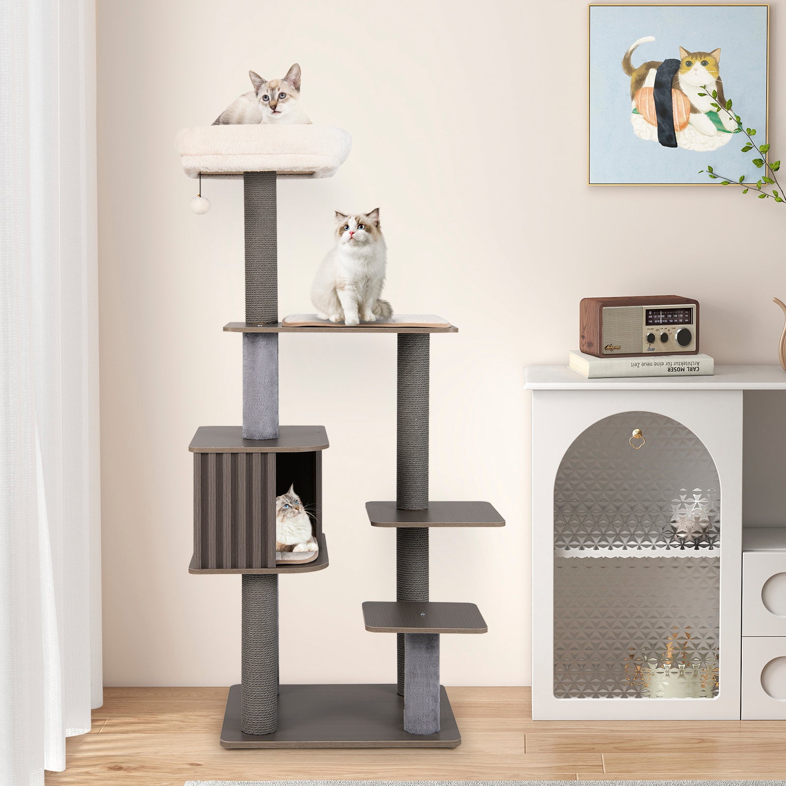 Multi-level Cat Tree for Indoor Cat 59.5 inch Tall Cat Tower with Cushion Top Perch, Gray Cat Trees Condos & Scratchers at Gallery Canada