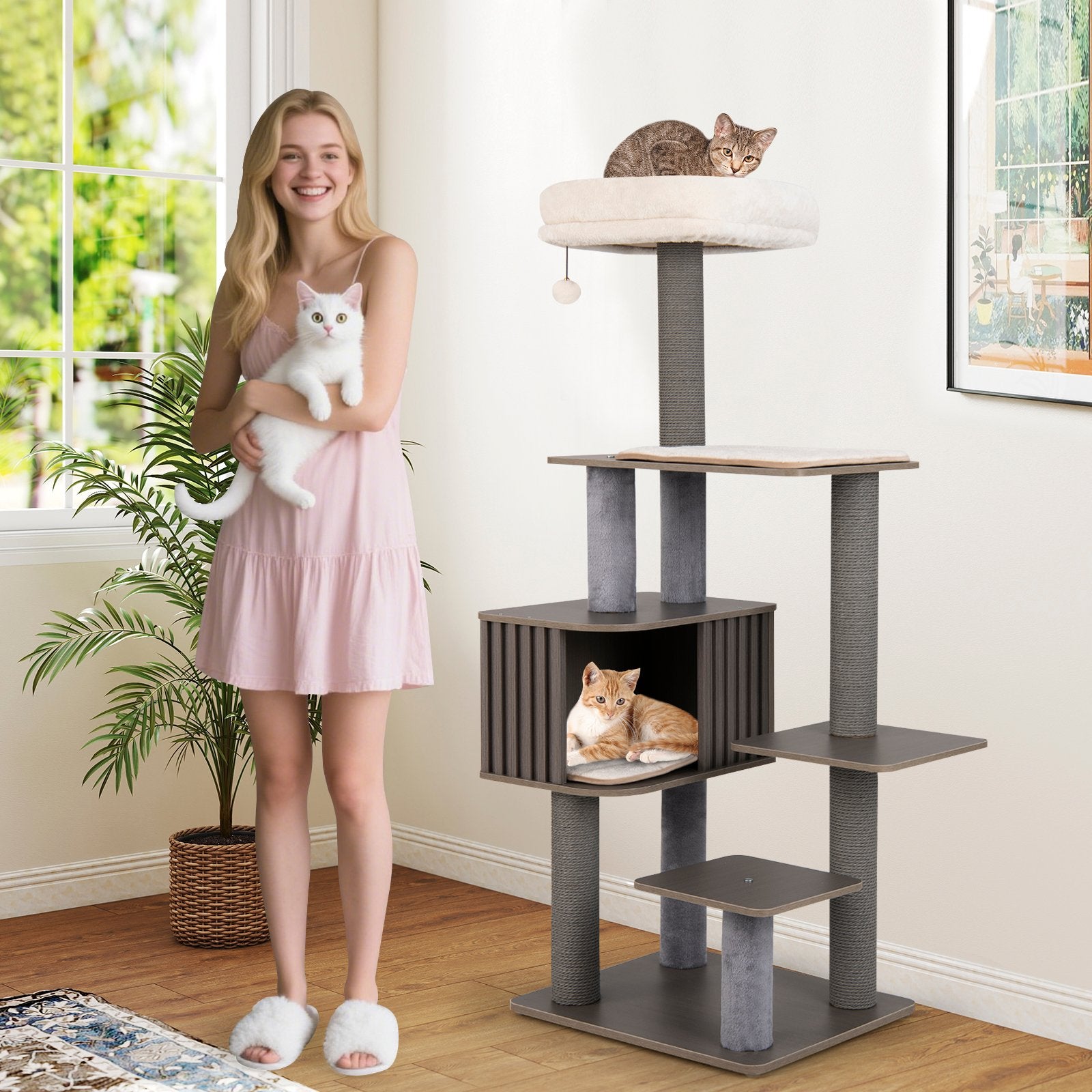 Multi-level Cat Tree for Indoor Cat 59.5 inch Tall Cat Tower with Cushion Top Perch, Gray Cat Trees Condos & Scratchers at Gallery Canada
