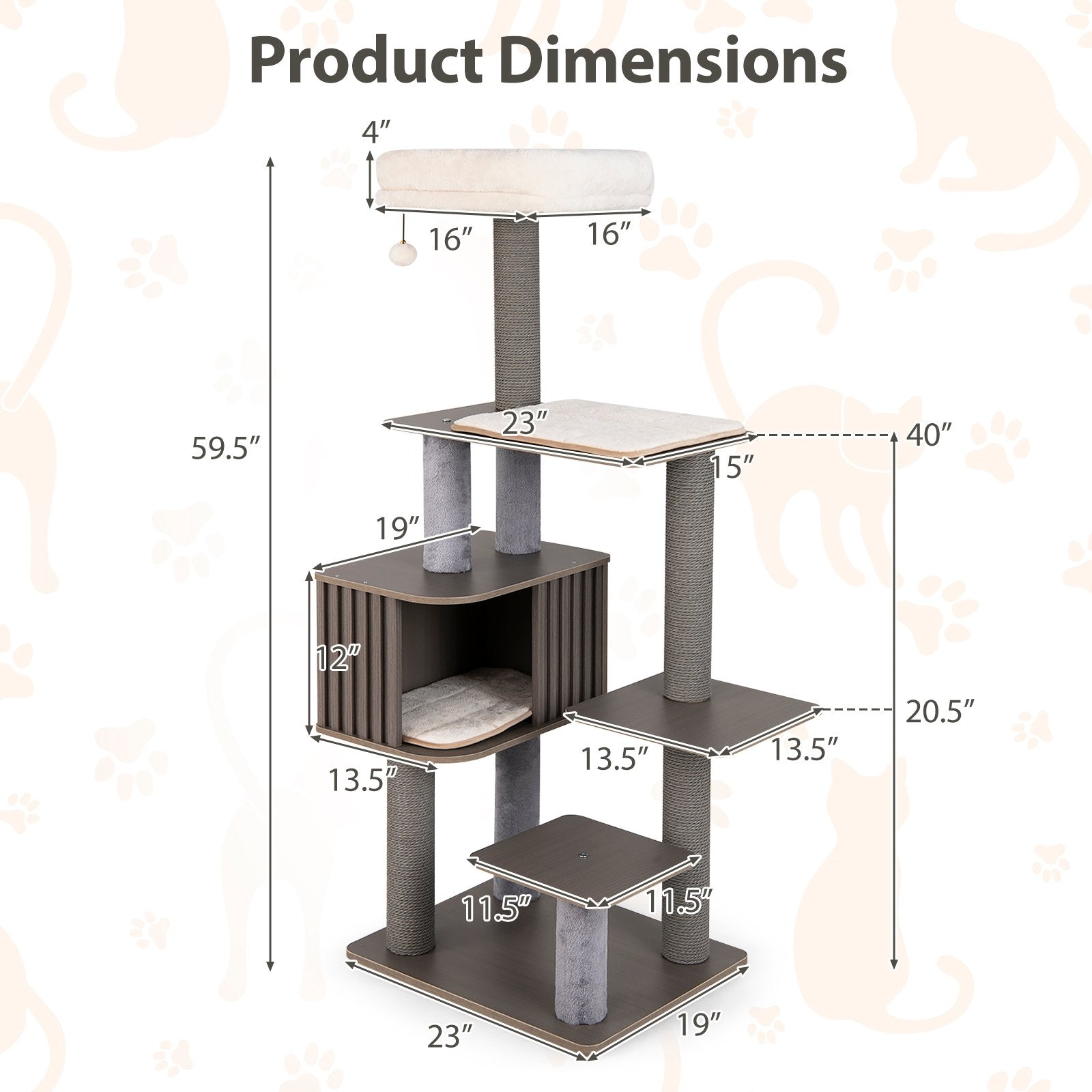Multi-level Cat Tree for Indoor Cat 59.5 inch Tall Cat Tower with Cushion Top Perch, Gray Cat Trees Condos & Scratchers at Gallery Canada