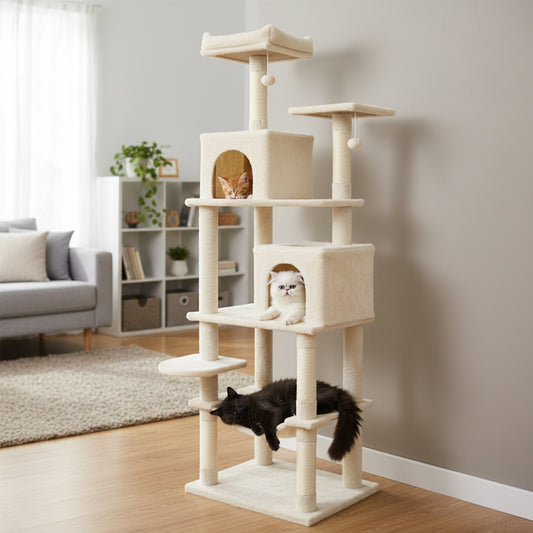 Multi-Level Cat Tree With Upholstered Perch, 2 Condos, Beige Cat Trees Condos & Scratchers Beige at Gallery Canada
