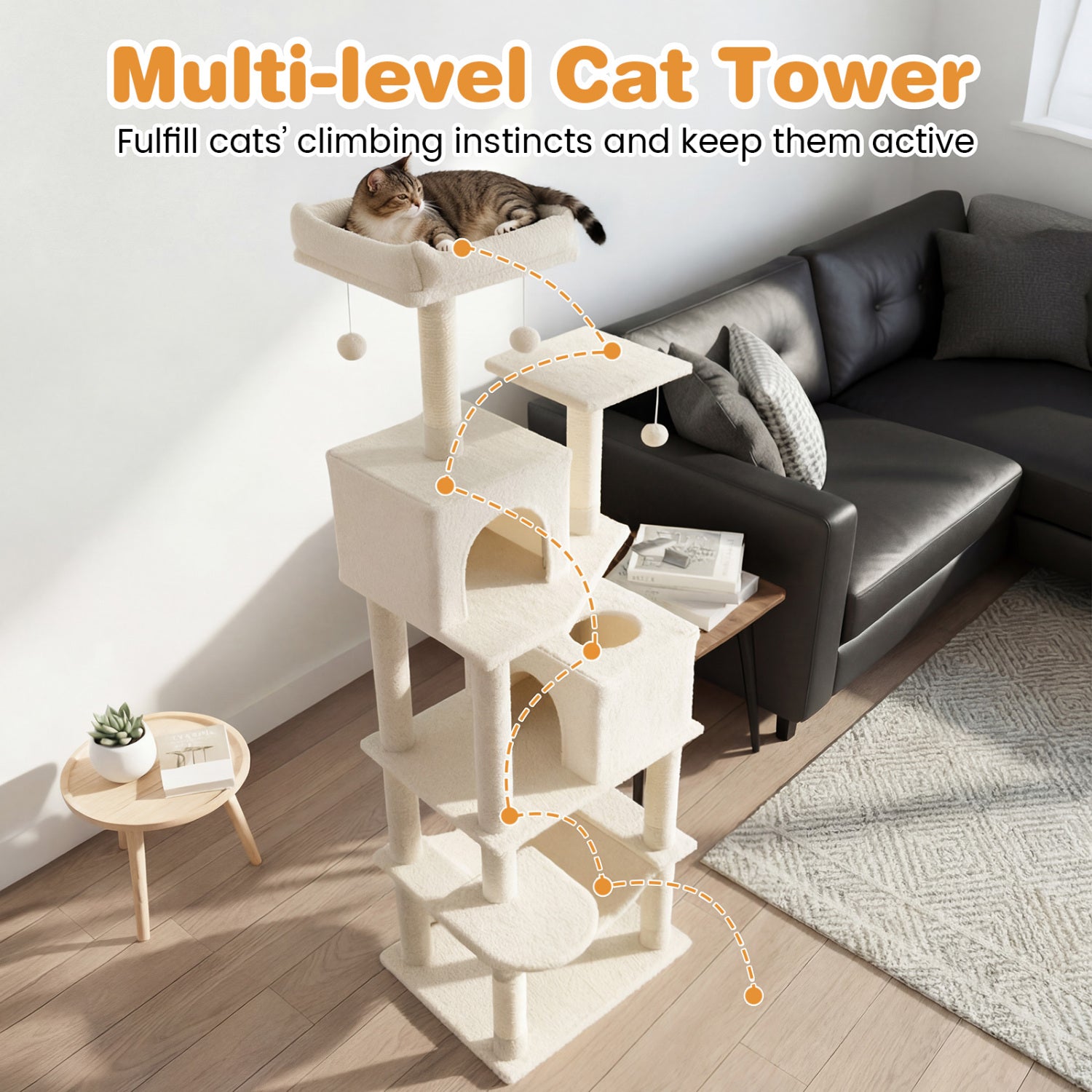 Multi-Level Cat Tree With Upholstered Perch, 2 Condos, Beige Cat Trees Condos & Scratchers at Gallery Canada