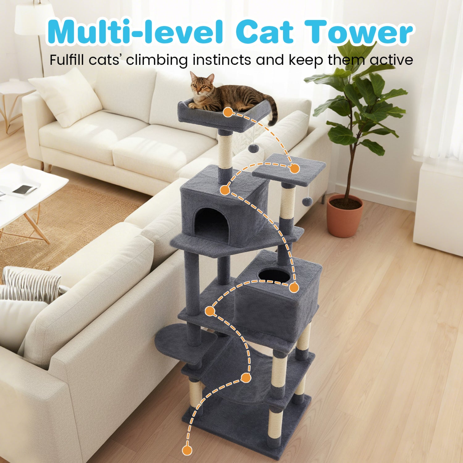 Modern Cat Tree, Multi-Level Tower With Upholstered Perch, 2 Condos, Dark Gray Cat Trees Condos & Scratchers at Gallery Canada