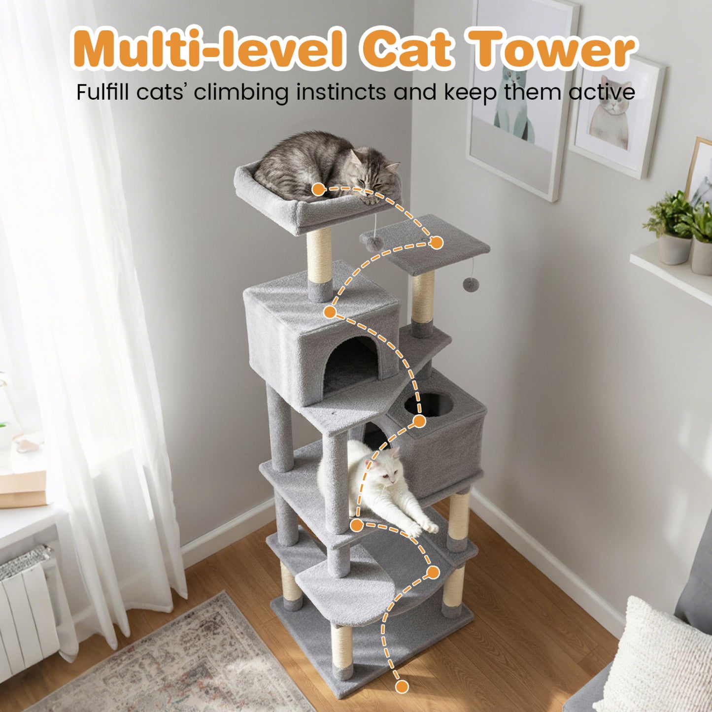 Multi-Level Cat Tree, Upholstered Perch, 2 Cat Condo, Gray Cat Trees Condos & Scratchers at Gallery Canada