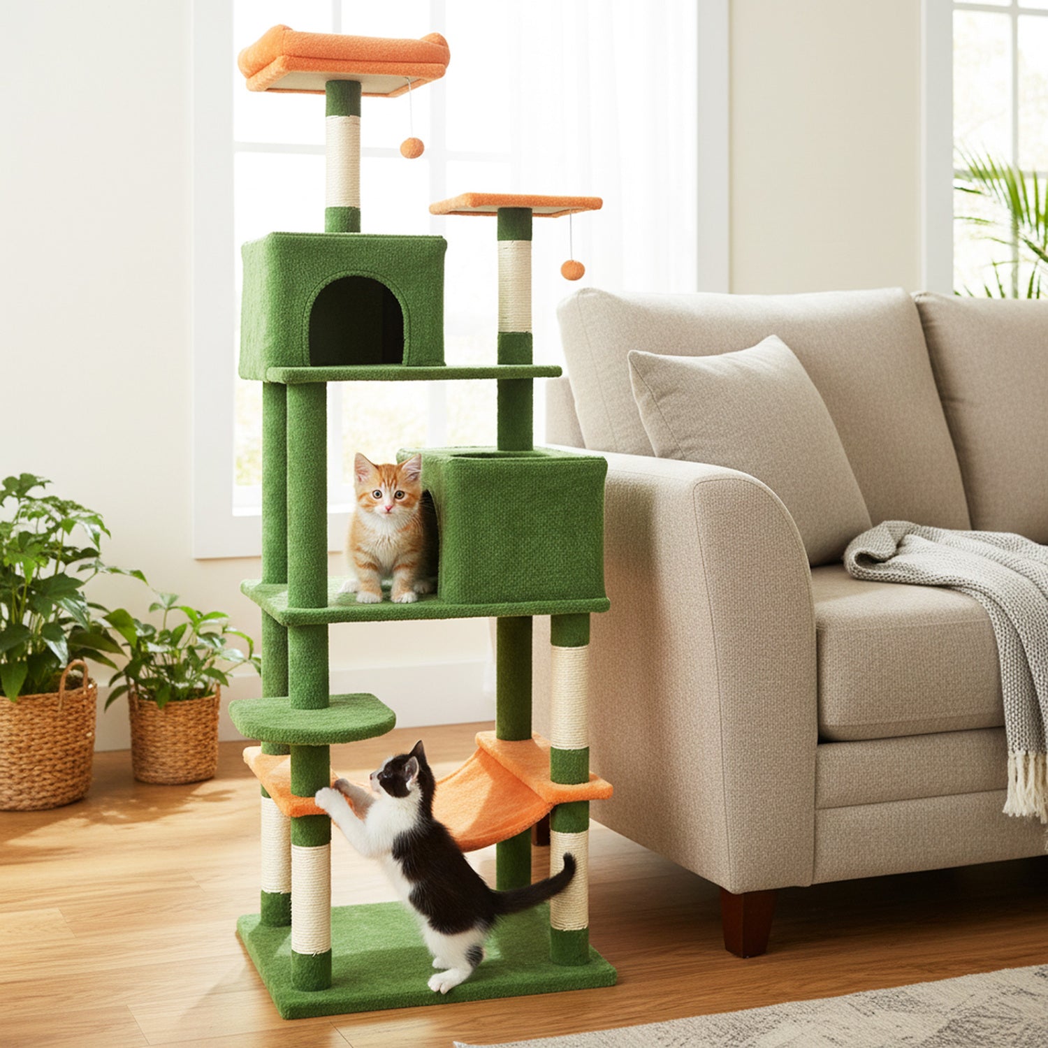 Multi-Level Cat Tree, Modern Cat Tower, Upholstered Perch, 2 Cat Condo, Green Cat Trees Condos & Scratchers at Gallery Canada