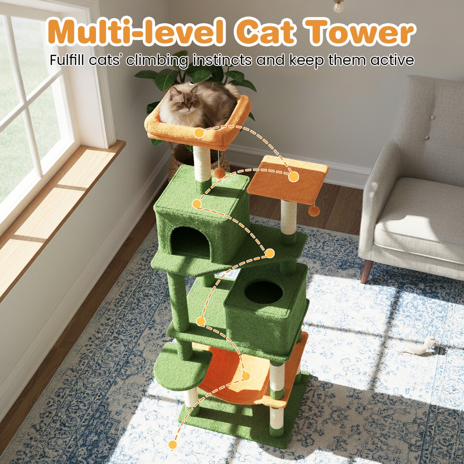 Multi-Level Cat Tree, Modern Cat Tower, Upholstered Perch, 2 Cat Condo, Green Cat Trees Condos & Scratchers at Gallery Canada