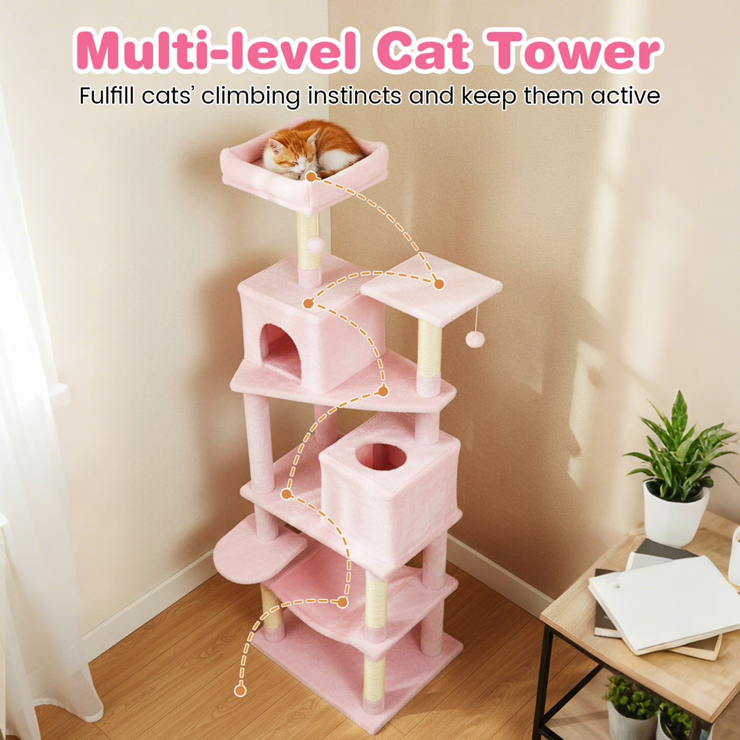 Multi-Level Cat Tree Tower, Upholstered Perch, 2 Condos, Pink Cat Trees Condos & Scratchers at Gallery Canada