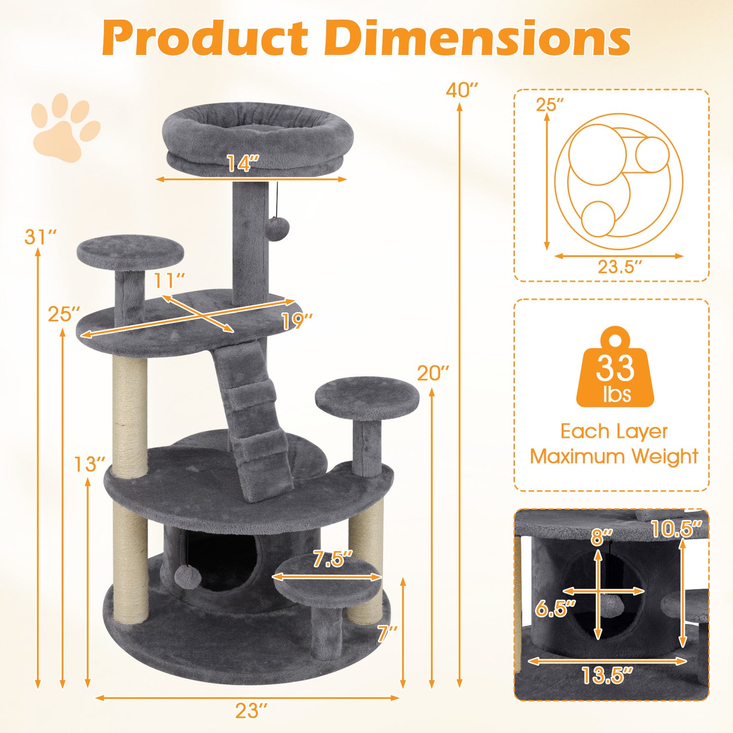 Multi-level Kitty Tower with Condo and Climbing Ladder-GR, Gray