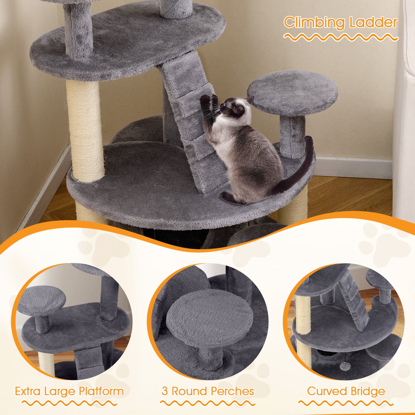 Multi-level Kitty Tower with Condo and Climbing Ladder-GR, Gray