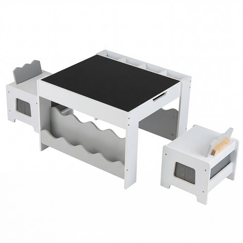 Kids Table And Chairs Set, Double-Sided Tabletop, Gray