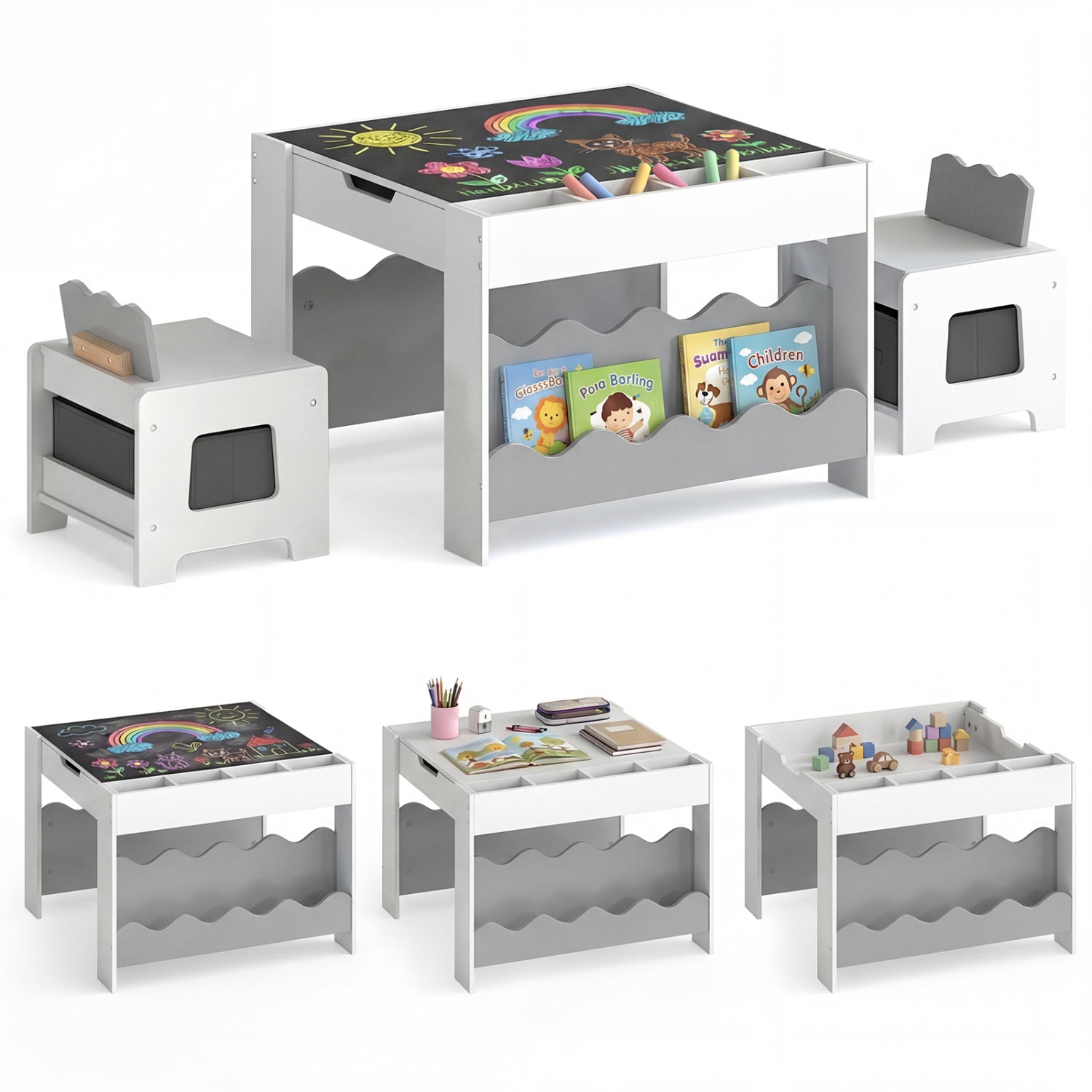 Kids Table And Chairs Set, Double-Sided Tabletop, Gray Kids Table & Chair Sets at Gallery Canada