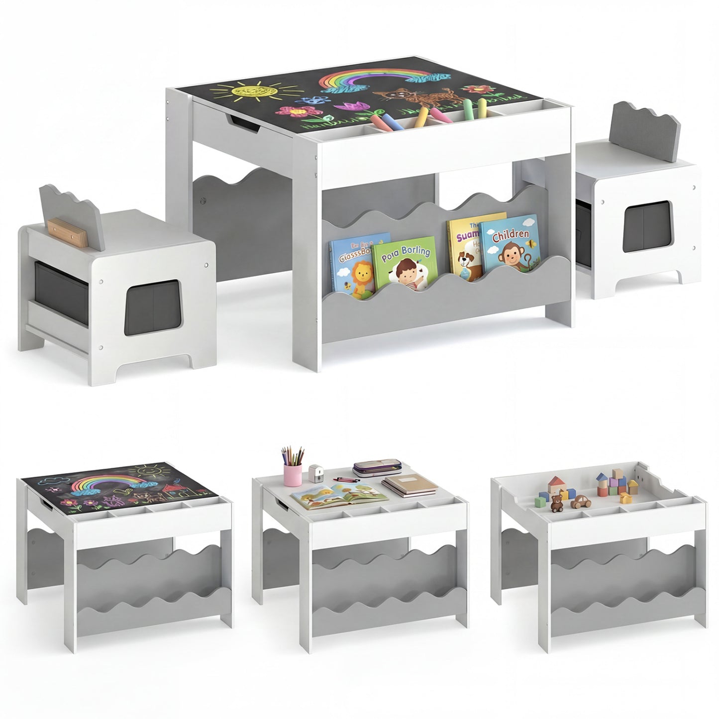 Kids Table And Chairs Set, Double-Sided Tabletop, Gray Kids Table & Chair Sets at Gallery Canada