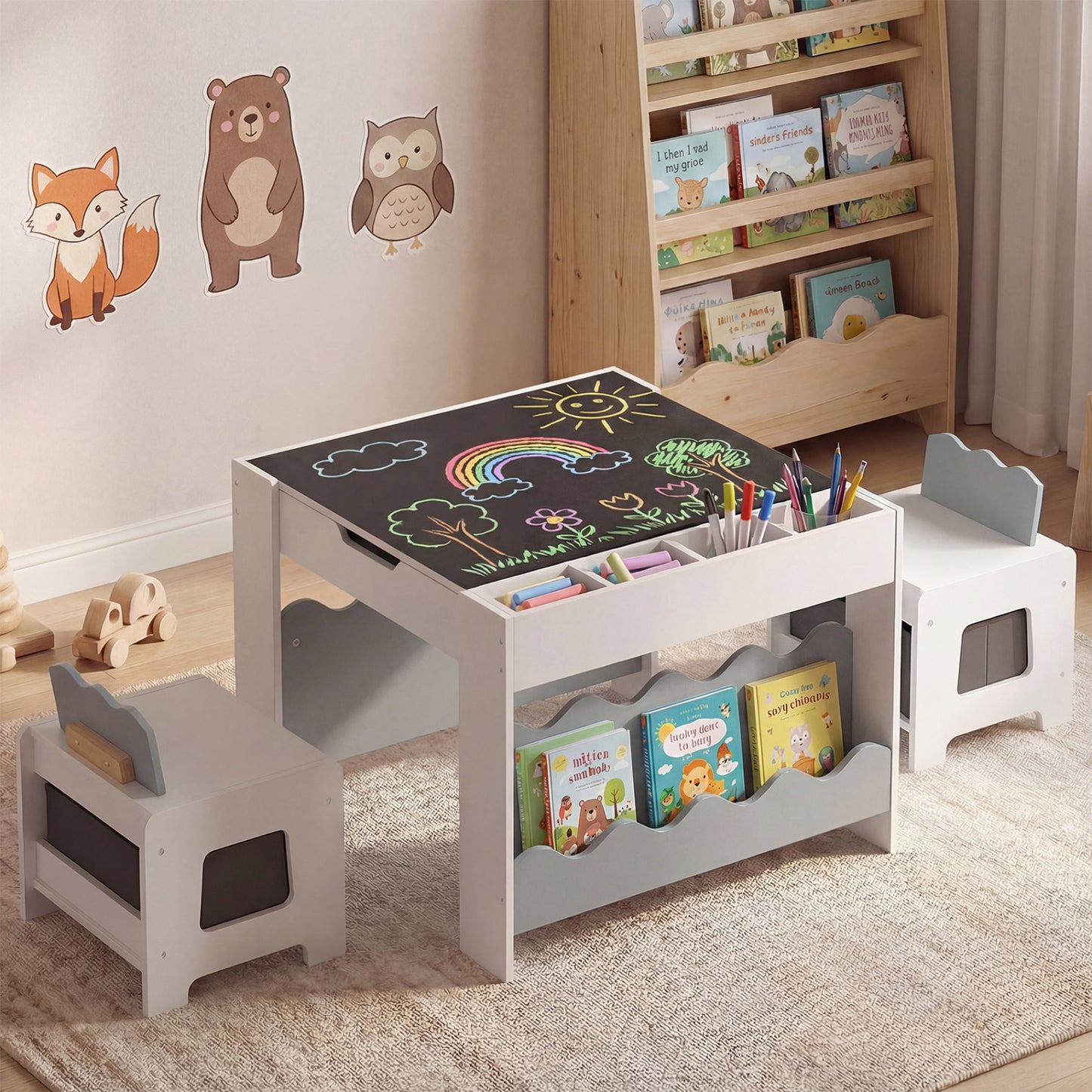 Kids Table And Chairs Set, Double-Sided Tabletop, Gray Kids Table & Chair Sets at Gallery Canada
