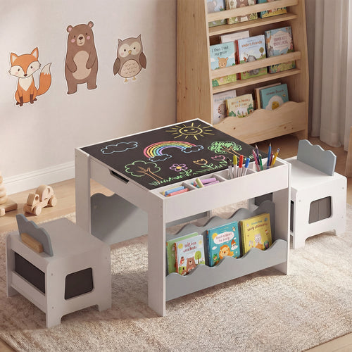 Kids Table And Chairs Set, Double-Sided Tabletop, Gray