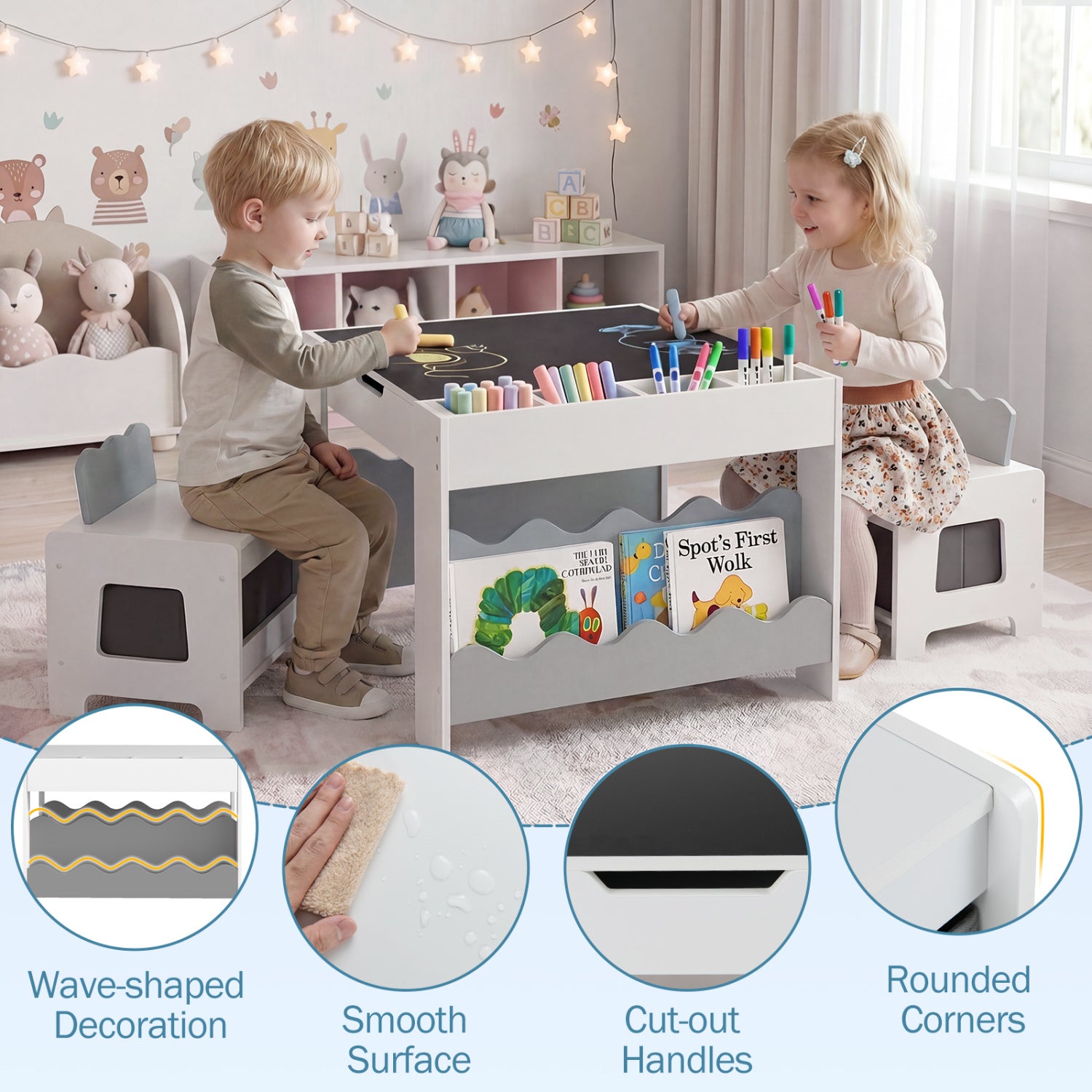Kids Table And Chairs Set, Double-Sided Tabletop, Gray Kids Table & Chair Sets at Gallery Canada