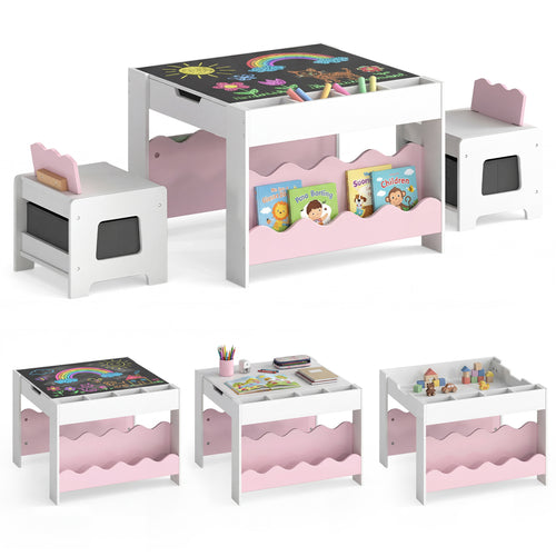 Kids Table And Chairs Set, Double-Sided Tabletop, Pink